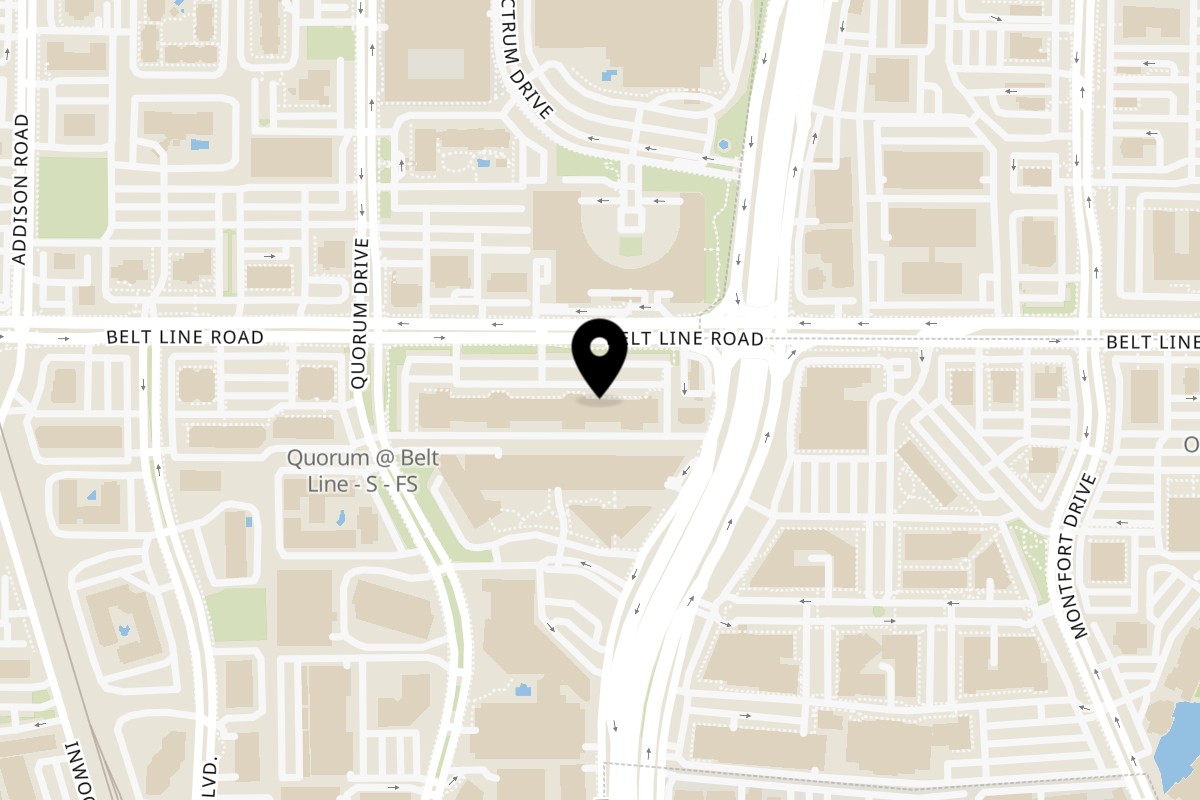 Map showing the location of Kenny's Wood Fired Grill on 5000 Belt Line Rd Ste 775 in Dallas